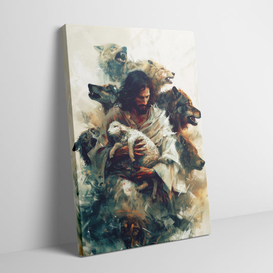 Jesus Protecting Lamb from Wolves - Canvas