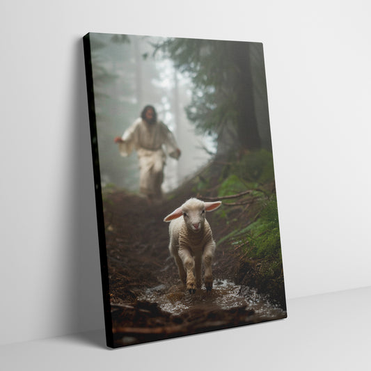 Jesus Running after a Lost Lamb - Canvas