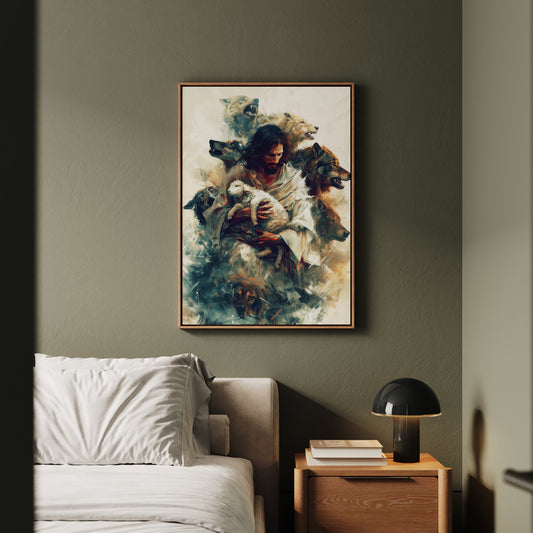 Jesus Protecting Lamb from Wolves - Canvas