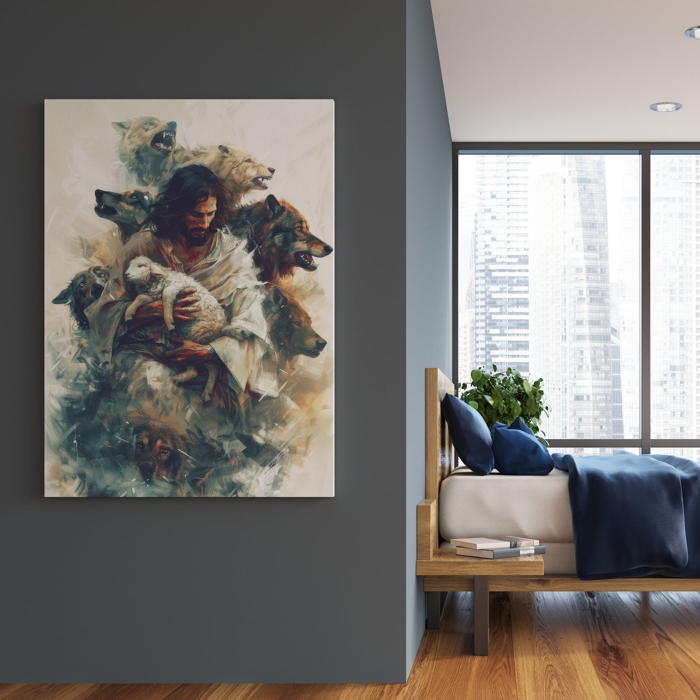 Jesus Protecting Lamb from Wolves - Canvas