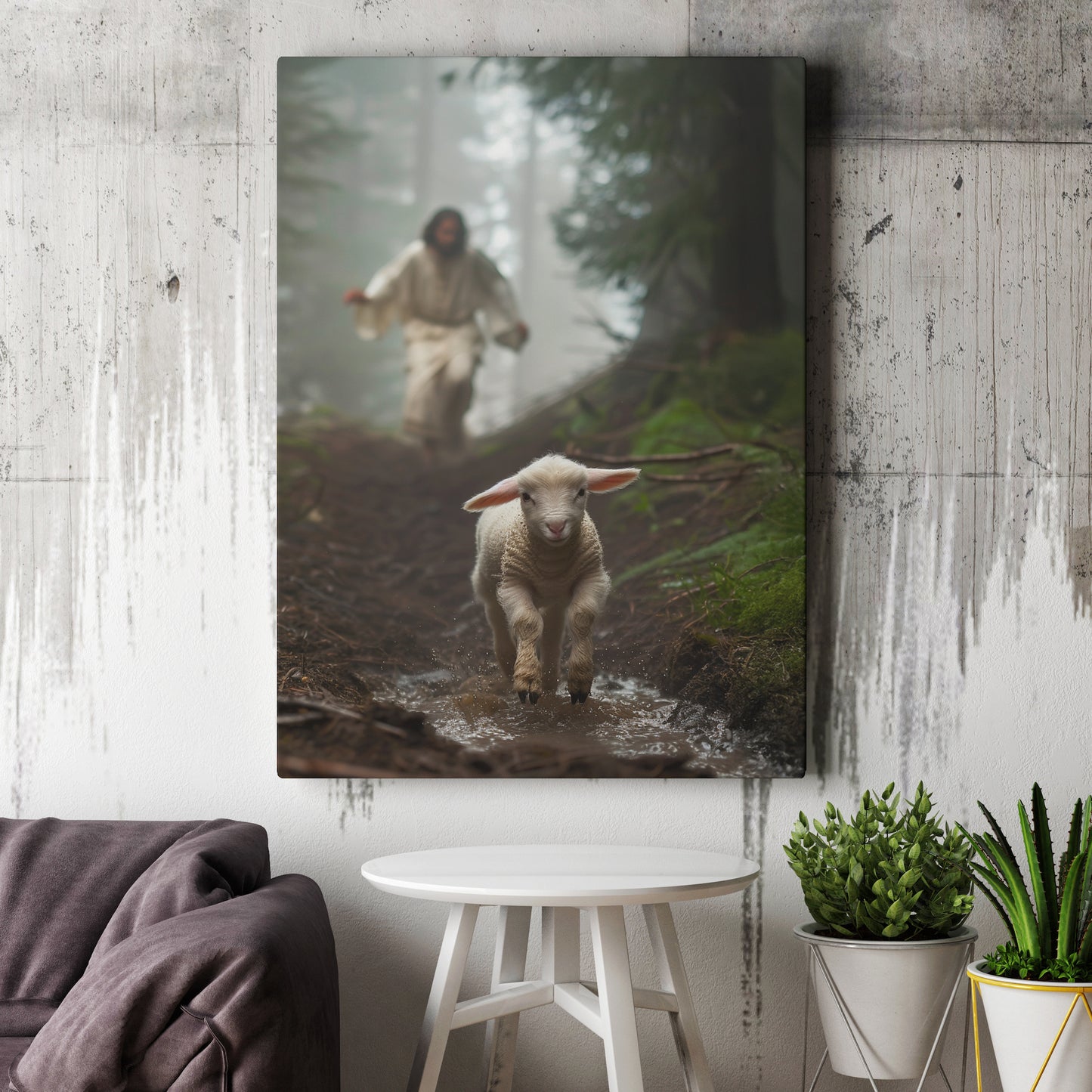 Jesus Running after a Lost Lamb - Canvas