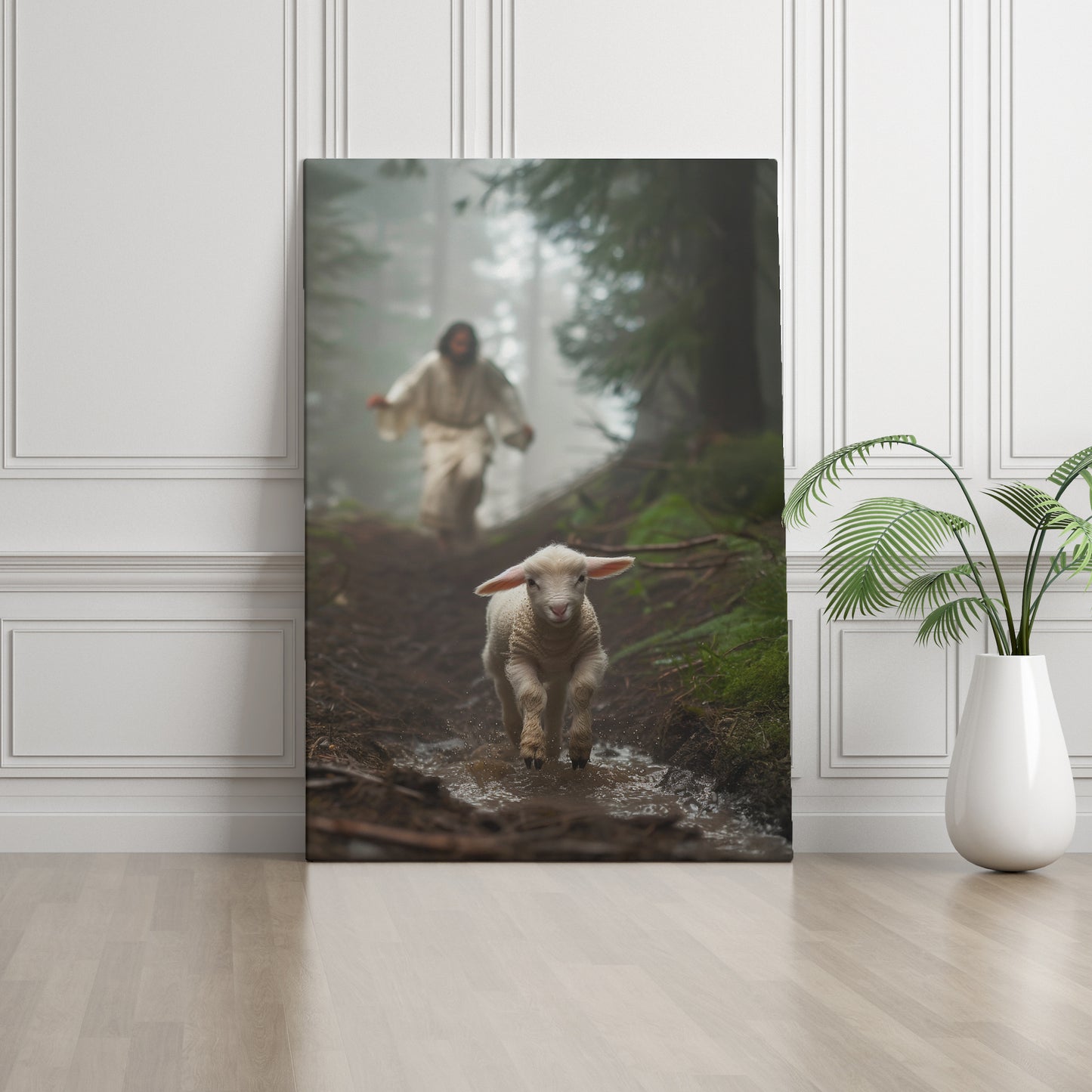 Jesus Running after a Lost Lamb - Canvas