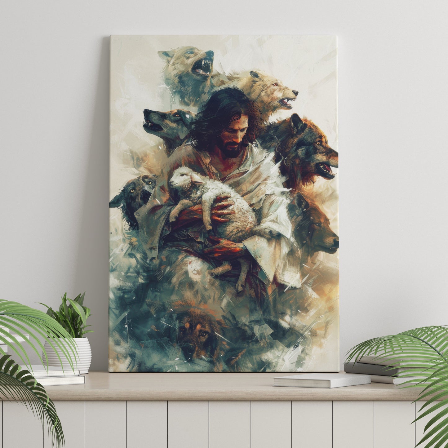 Jesus Protecting Lamb from Wolves - Canvas