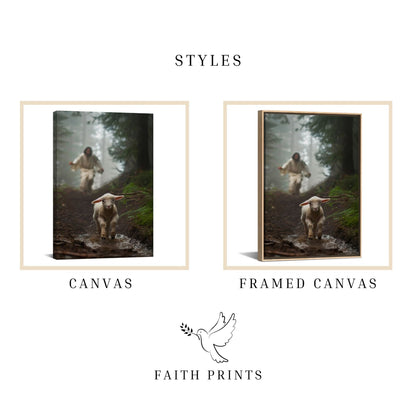 Jesus Running after a Lost Lamb - Canvas